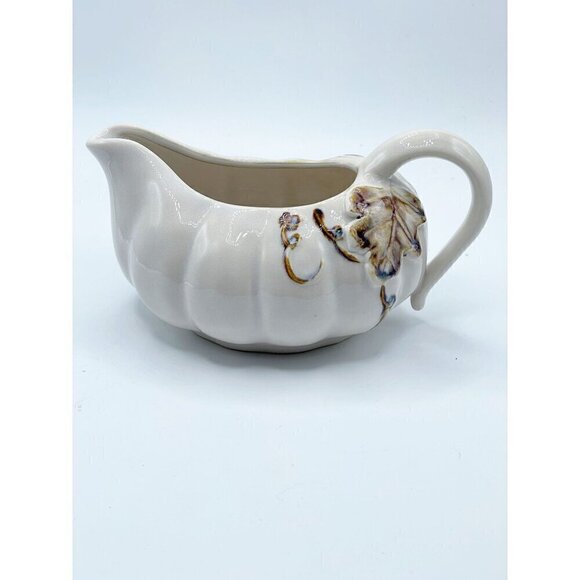 Pier 1 Hand Painted Stoneware Autumn Leaves Ribbed Handled Gravy Boat Creamware - Picture 8 of 9
